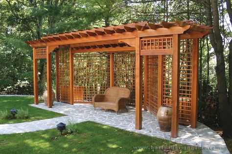 Trellis Structures designs and manufactures high quality garden structures in E. Templeton, MA Privacy Fence Decorations, Diy Privacy Fence, Privacy Fence Designs, Cheap Backyard, Pergola Design, Backyard Privacy, Backyard Pergola, Fence Decor, Pergola Kits