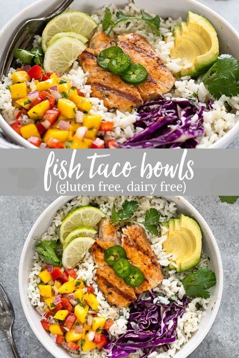 Fish Taco Bowls Rice Avocado, Taco Bowl, Fish Taco, Healthiest Seafood, Taco Bowls, Lime Rice, Cilantro Lime Rice, Fish Recipes Healthy, Healthy Fish