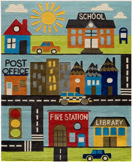 Lil Mo Whimsy Town Scene Area Rug Blue Neighbourhood, Momeni Rugs, Kids Area Rugs, Retro Robot, 6x9 Rugs, A Rug, Round Area Rugs, Hand Tufted Rugs, Indoor Area Rugs