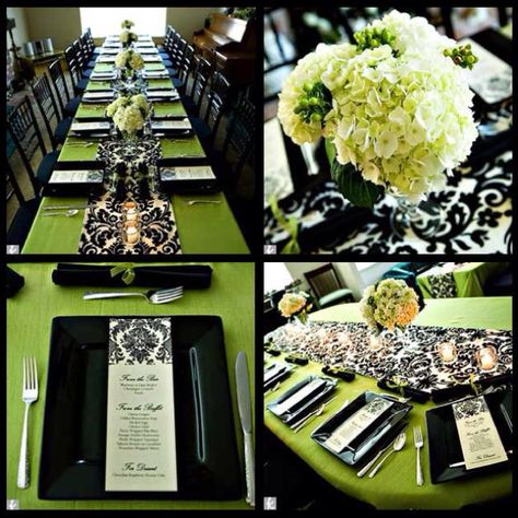 Green and damask bridal shower decor Green Centerpiece Ideas, Neon Green Wedding, Green Tablescape, Island Party, Gala Ideas, Bridal Shower Planning, Bridal Luncheon, Sage Green Wedding, Bridal Shower Brunch