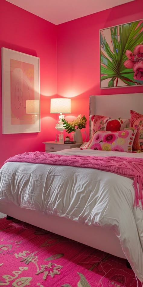 Colors That Go With Hot Pink, Hot Pink Bedroom Walls, Hot Pink Accent Wall, Hot Pink Room Ideas, Bright Pink Room, Bright Pink Bedroom, Hot Pink Bedroom Decor, Modern Pink Bedroom, Hot Pink Furniture