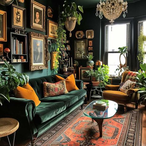 Sophisticated Dark Green Living Room Palettes for a Luxurious Feel • 333+ Images • [ArtFacade] Cozy Eclectic Home, Dark Green Living Room, Green Couch, Green Velvet Sofa, Interior Decorating Styles, Casa Vintage, Bedroom Wall Colors, Green Sofa, Trendy Living Rooms