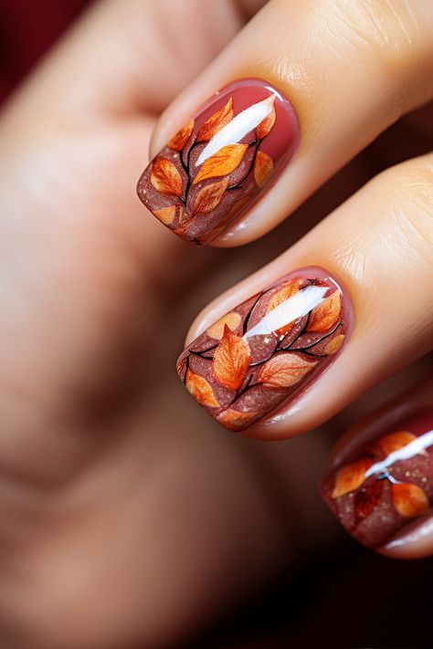 Leaf Nail Art, Pumpkin Spice Nails, Fall Leaves Nail Art, Thanksgiving Nail Designs, Orange Nail, Thanksgiving Nail Art, Thanksgiving Nail, Fall Manicure, Fall Nail Trends