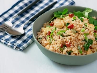 Pepperoni Fried Rice Recipe | Justin Chapple | Food Network Hawaiian Fried Rice, Couscous Dishes, Pepperoni Chicken, Pepperoni Recipes, Jeff Mauro, Scallops Recipe, Risotto Rice, Yum Recipes, French Fried Onions