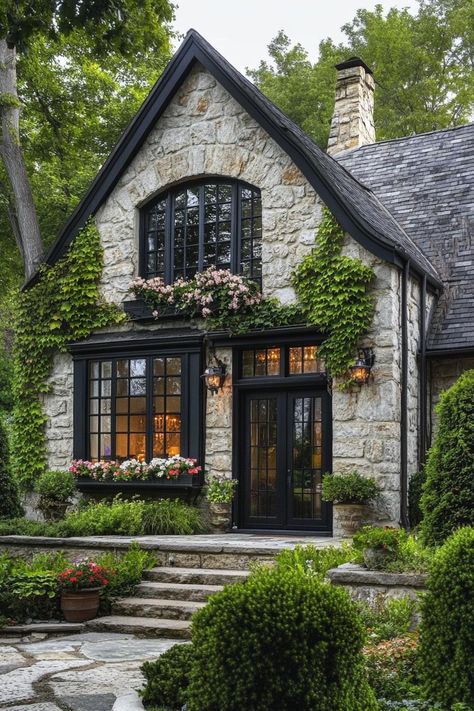 House Rock Exterior, Stone Masonry House Exterior, German Cottage House, Tudor Cottage Floor Plans, Dark Aesthetic House Exterior, 4 Bed Cottage Floor Plans, Tudor Style Homes Modern, Small House With Big Windows, Houses With Curb Appeal