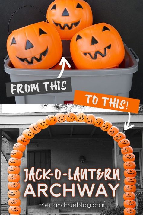 We love to set up this Jack-o-lantern Halloween Archway every year! Follow these easy instructions to make your own. Cheap Diy Pumpkin Arch, Jack O Lantern Archway Diy, Pumpkin Archway Diy, Jack O Lantern Archway, Plastic Jack O Lantern Decorations, Floating Jack O Lanterns, Halloween Archway Diy, Hanging Jack O Lantern, Jack O Lantern Floats