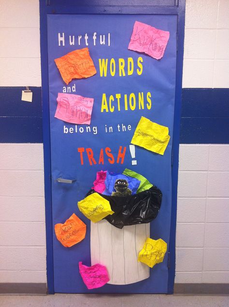 October is National Bullying Prevention Month. My students decorated my door to help raise awareness. Kindness Week Door Decorations, Anti Bully Door Decorations Classroom, Bully Poster, Counseling Bulletin Boards, Bully Prevention, Kindness Week, Bullentin Boards, Prevention Month, School Doors