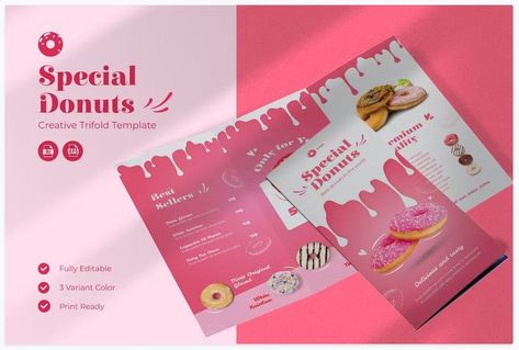 Special Donuts Brochure Template Get it now!! #brochure #brochuretemplate #brochuredesign #business #template #trifold #bifold #bestbrochure #freebrochure #premiumdesign #design #envato #envatomarket #envatoelement #creativemarket #freepik #shutterstock Brochure Food, Brochure Design Layouts, Graphic Design Portfolio Cover, Business Brochure Design, Keyword Elements Canva, Free Brochure, Packaging Template, Powerpoint Background Design, Trifold Brochure