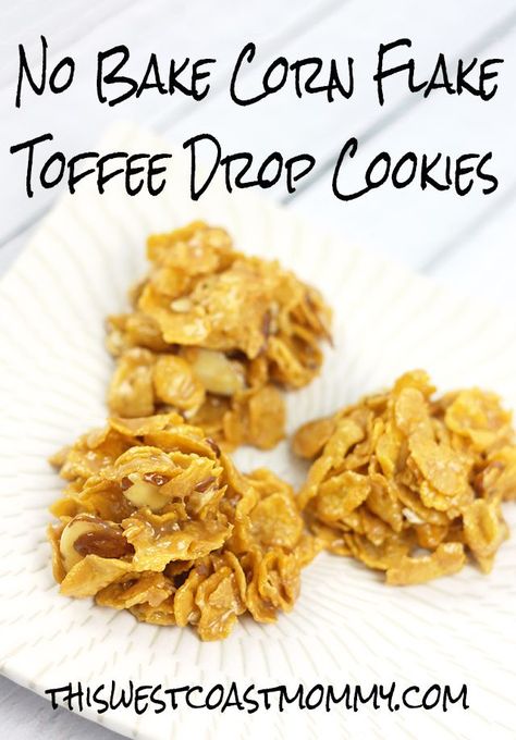 These No Bake Corn Flake Toffee Drop Cookies are a decadent treat made from corn flakes, sliced almonds, Mackintosh's Toffee, coconut milk, and vanilla. Cornflake Recipes, Cornflake Cookies Recipe, Soft Toffee, Flake Recipes, Cornflake Cookies, Corn Flake, Drop Cookie Recipes, Biscuits Graham, Baked Caramel