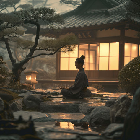 a young adult meditating in a zen garden at night beautiful muted colours Japanese Meditation Garden, Japanese Meditation, Jedi Oc, Zen Area, Chinese Meditation, Garden At Night, Night Beautiful, Meditation Corner, Japanese Zen Garden