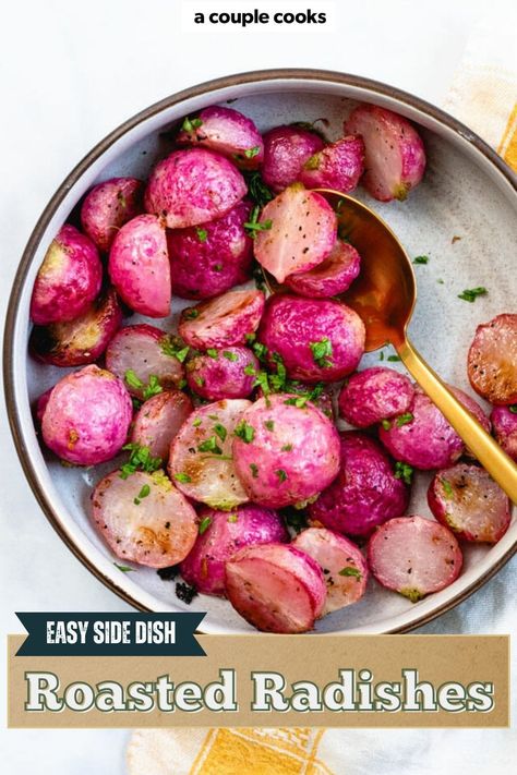 Ever roasted radishes? Throw them into a hot oven in this unique easy side dish recipe: they come out vibrant and juicy, with a sweet, mild flavor! Roasted Radishes Recipe, Garden Meals, A Couple Cooks, Vegan Recipes Plant Based, Roasted Radishes, Radish Recipes, Flavorful Vegetables, Vegetarian Cookbook, Couple Cooking