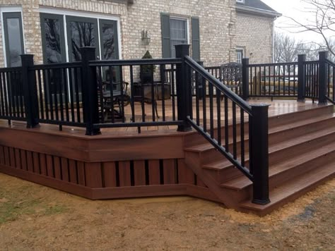 Composite Deck w/Skirting and Black Railing Brown Deck, Patio Plan, Deck Skirting, Deck Remodel, Deck Colors, Decks And Patios, Building A Porch, Patio Deck Designs, Deck Stairs