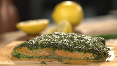 Recipe with video instructions: Megan makes an incredible herb coated salmon. Ingredients: ¼ cup dill, ¼ cup chives, chopped, ½ cup basil leaves, tightly packed, 2 Tbsp tarragon leaves, ½ cup flat-leaf parsley leaves, 1 large shallot, roughly chopped, 3 cloves garlic, 2 lemons, Extra virgin olive oil for drizzling, Salt and pepper to taste, 1 side of salmon, de-boned and skin on, Cedar plank Salmon In Puff Pastry, Plank Salmon, Parsley Leaves, Cedar Plank Salmon, Baked Veggies, Cedar Planks, Tastemade Recipes, Herb Recipes, Salmon Dinner