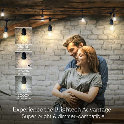 Brightech Ambience Pro Outdoor String Lights - Commercial Grade Waterproof Patio Lights with 48 Ft Dimmable Edison Bulbs - Heavy Duty LED Porch String Lights - 2W LED, Soft White Light Porch String Lights, Vintage Italian Style, Gazebo Lighting, Edison Bulb String Lights, Hanging String Lights, Led String Lights Outdoor, Patio Lights, Outdoor String Lights, Edison Bulbs