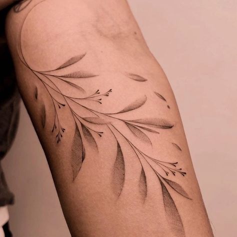 Filler Leaves Tattoo, Foliage Arm Wrap Tattoo, Stipple Leaf Tattoo, Realistic Leaves Tattoo, Faded Flower Tattoo, Leafy Floral Sleeve Tattoo, Leaves Tattoo Women, Pretty Leaves Tattoo, Fine Line Greenery Tattoo