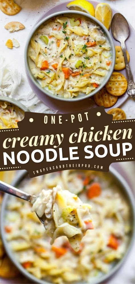 Creamy Chicken Noodle Soup, comfort food recipes, easy comfort food dinner Chicken Noodle Soup Recipe Homemade, Creamy Chicken Noodle, Food For Dinner, Creamy Chicken Noodle Soup, Chicken Noodle Soup Easy, Comfort Soup Recipes, Creamy Chicken Soup, Homemade Soup Recipe, Clean Eating Recipes For Dinner