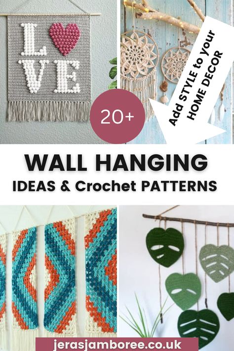 montage of four photos 1) crochet wall hanging spelling out 'love' in bobble stitch 2) boho mandala wall hanging 3) modified granny stitch used to create this stunning wall hanging 4) crochet green leaves are strung from a branch and hung on a wall Crochet Wall Hanging Patterns, Diy Crochet Wall Hanging, Crochet Zig Zag, Crochet Quotes, Boho Crochet Patterns, Crochet Wall Hanging, Crochet Wall Art, Crochet Summer Hats, Wall Hanging Designs