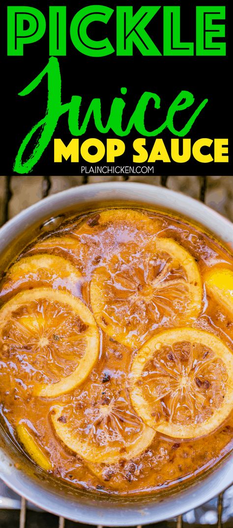 Pickle Juice Mop Sauce - CRAZY good! Great on pork, chicken or steaks. Butter, onion, dill pickle juice, cider vinegar, sugar, lemons, crushed red pepper, cayenne pepper, Worcestershire, salt and pepper. Sweet with a little heat! Can make ahead of time and refrigerate until ready to grill. Dill Pickle Juice, Mop Sauce, Dill Pickle Recipe, Dinner Experience, Bbq Sauces, Pork Chicken, Homemade Pickles, Bbq Sauce Recipe, Pickle Juice