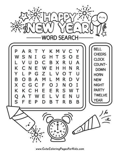 New Year's Word Search (Free Printable PDF) - Cute Coloring Pages For Kids New Years Word Search Free Printable, New Year Coloring Pages Free Printable, Happy New Year Activities For Kids, January Coloring Pages For Kids, Kids Word Search Free Printable, New Years Worksheets, January Word Search, New Years Word Search, Winter Coloring Pages Free Printable