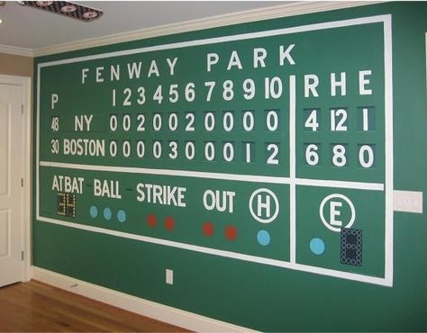 green monster wall | Green Monster wall Baseball Basement, Red Sox Room, Monster Room, Baseball Bedroom, Batting Cage, Baseball Nursery, Monster Wall, Baby Boy Room, Sport Bedroom