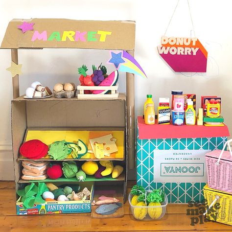 Market Activities Preschool, Cardboard Market Stand, Cardboard Supermarket, Dramatic Play Diy, Stall Decorations, Diy Toddler Toys, Shapes Kindergarten, Kids Market, Preschool Decor