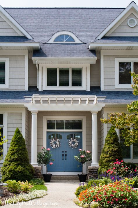 Lake House Tour - My parents house - The Lilypad Cottage Blue Double Doors Front Entrance, Houses With Blue Doors, Front Door Pergola, Door Pergola, Lilypad Cottage, Double Door Entryway, Front Door Lighting, Blue Doors, Double Front Doors