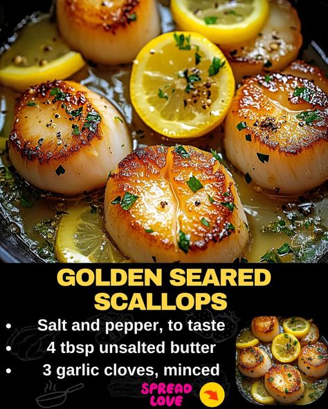 Golden Seared Scallops Pan Seared Scallops, Squeezed Lemon, Seared Scallops, Sea Scallops, Scallop Recipes, Lemon Herb, Scallops Seared, How To Eat Better, Herb Butter