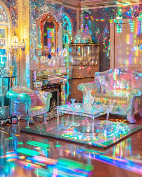 Better late than never! Swipe to see interior. Theme : DollHouse for @brickclock #febshuffle24 #Dollhouse #dollhousechallenge #iridescent #IridescentArt #ShinyHouse #beautiful Iridescent Bedroom, Fantasy World Illustration, Iridescent Interior, Neon Gods, Iridescent Decor, Iridescent Mosaic, Glitter Room, Rv Interior Remodel, Beautiful Bathtubs