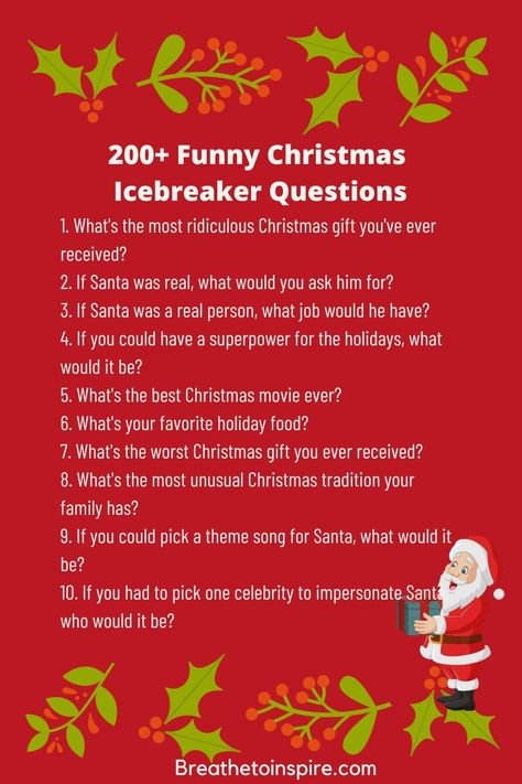 funny christmas icebreaker questions Holiday Ice Breaker Questions, Christmas Ice Breakers For Ladies, Christmas Ice Breaker Questions, Christmas Ice Breakers, Funny Christmas Trivia, Christmas Questions, Gift Games, Funny Christmas Jokes, Icebreaker Games