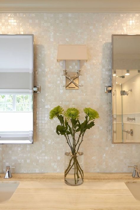 Homepage Grid | IDS Connecticut Mother of Pearl Tile! Accent Tile Bathroom, Square Tile Backsplash, Mother Of Pearl Backsplash, Mother Of Pearl Tile, Mosaic Bathroom Tile, Tile For Bathroom, Mother Of Pearl Mosaic, Backsplash Bathroom Wall, Shower Backsplash