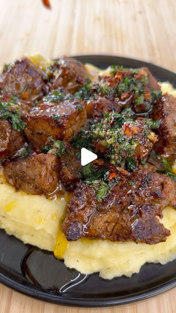 Buttery Steak Bites, Steak Bites And Mashed Potatoes, Butter Garlic Steak Bites, Buttery Steak, Garlic Steak Bites, Garlic Parmesan Mashed Potatoes, Steak And Mashed Potatoes, Parmesan Mashed Potatoes, Garlic Steak