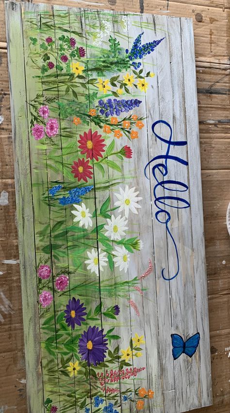 Summer Flowers Wood Painting Welcome To My Garden Sign Ideas, Wood Flower Painting, Wood Painting Ideas Diy Wooden Signs Pallet Art, Painted Garden Fence Art, Easy Spring Painting Ideas On Canvas, Painting Boards Ideas Wood Signs, Painted Signs On Wood Ideas, Fence Painting Ideas Colour, Wooden Board Painting Ideas