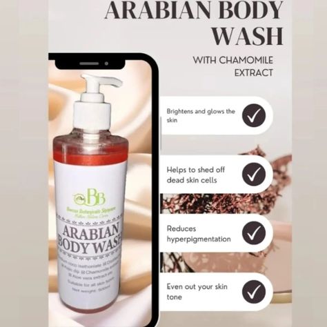 Transform Your Skin with Our Arabian Body Wash! Infused with natural chamomile extract, this luxurious body wash is your daily dose of skin care perfection. Whether you’re dealing with dry skin, uneven skin tone, or hyperpigmentation, this body wash is formulated to help you glow. ✨ Key Benefits: Brightens and Glows: Say goodbye to dull skin and hello to a radiant complexion. Exfoliates Gently: Effectively sheds dead skin cells, revealing softer, smoother skin. Reduces Hyperpigmentation:... Chamomile Extract, Reduce Hyperpigmentation, Smoother Skin, Uneven Skin, Uneven Skin Tone, Dull Skin, Dead Skin, Skin Cells, Skin Tone