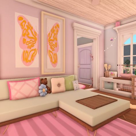 2000s Bloxburg House, Bloxburg Girl Room Ideas, Bloxburg Preppy House, Sala Bloxburg, Preppy Bloxburg, Bloxburg Decor, Bloxburg Rooms, Preppy House, Blox Burg