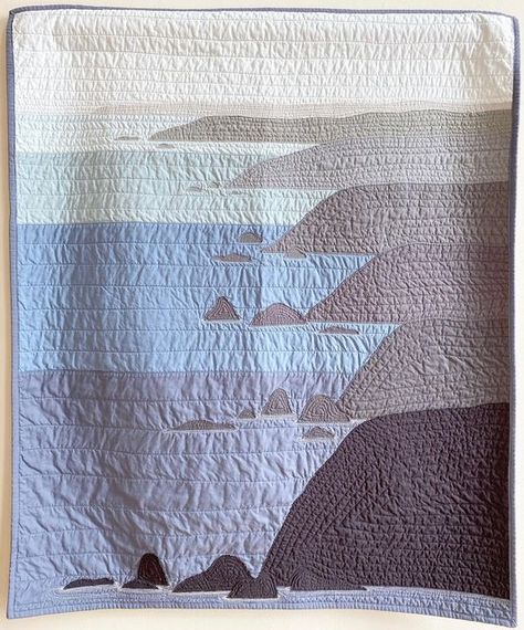 SkyClad Quilts - Nina Dodge on Instagram: "Big Sur. Foggy coastline disappearing North into the marine layer. If you know, you know. 🪨🦦🐚 Available now. 🧡 #skycladquilts #nightskyquilt #customquilts #constellations #landscapequilt #westernmassmakers #bigsur #coastaldecor #california" Ocean Quilt, Landscape Art Quilts, Mountain Quilts, Landscape Quilt, Cute Sewing Projects, Landscape Quilts, Marine Layer, Crochet Quilt, Colorful Quilts