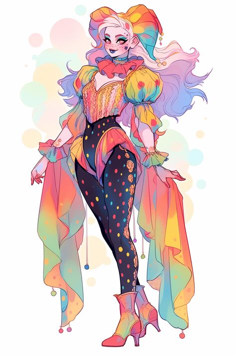 Jester Style Clothing, Fantasy Jester Outfit, Hellavu Boss Fizzarolli, Jester Oc Design, Female Jester Character Design, Circus Performer Character Design, Circus Character Art, Clown Character Art, Clown Concept Art