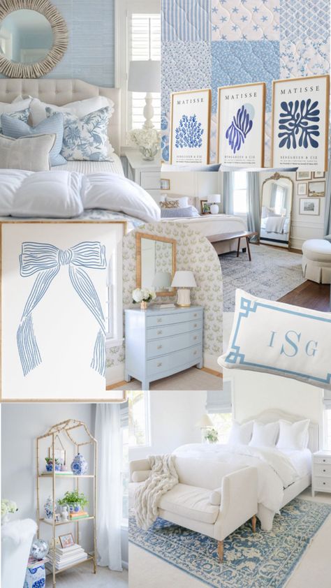 coastal inspired bedroom Blue And White Bedroom, Costal Bedroom, Coastal Room Decor, Dream Dorm Room, Beach Room Decor, Coastal Room, Inspired Bedroom, College Dorm Room Decor, Dorm Room Designs