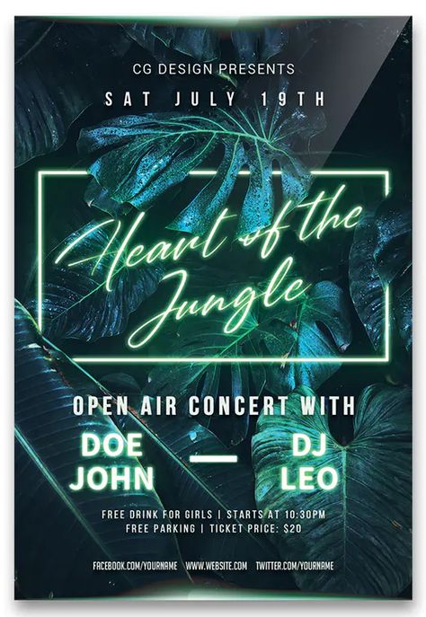 Neon Jungle Flyer Template PSD Jungle Party Flyer, Jungle Flyer, Rainforest Theme, Neon Jungle, Jungle Fever, Jungle Party, Welcome To The Jungle, Modern Tropical, Album Cover Design