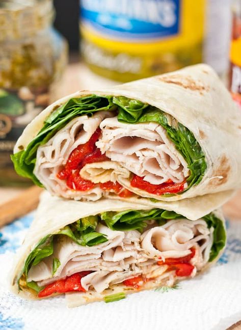 This wrap loaded with spinach, roasted red pepper, and feta is a lunch box revelation! Spinach Wrap, Non Sandwich Lunches, Turkey Wrap, Ham Wraps, Spinach Wraps, Turkey Wraps, Wrap Recipe, Make Ahead Lunches, Low Fodmap Recipes