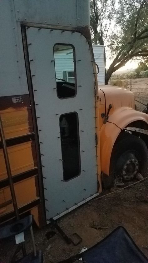 Skoolie Door, Front Door Redo, Door Redo, School Bus Conversion, Bus Conversion, Back Door, Metal Door, Back Doors, School Bus