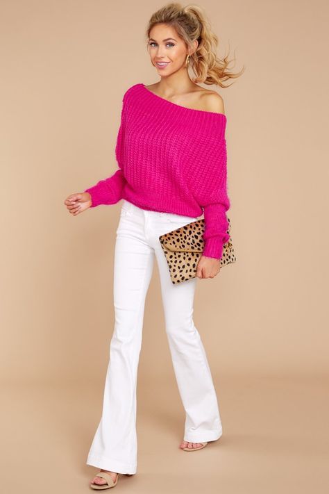 Chic Fuchsia Pink Knit Sweater - Off The Shoulder Sweater - Top - $42 – Red Dress Boutique Pink Top Outfit Summer, Hot Pink Sweater Outfit, Hot Pink Jumper, Mackenzie Hollister, Pink Top Outfit, Pink Sweater Outfit, Pink Shirt Outfit, White Pants Winter, Sweater Off The Shoulder