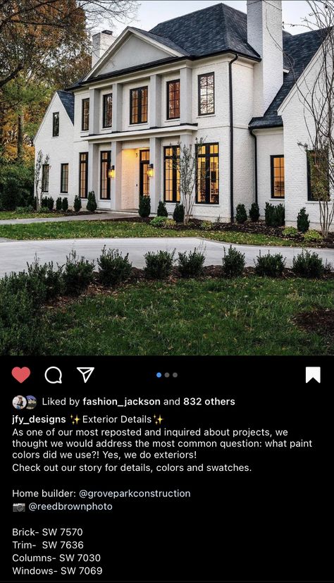 Paint Colors: Brick - SW 7570 (Egret White) Trim - SW 7636 (Origami White) Columns - SW 7030 (Anew Gray) Windows - SW 7069 (Iron Ore) Painted Brick Black Windows, Exterior Paint Colors House Gray White Black Red Brick, Sw Egret White Exterior, White Painted Brick Exterior Black Trim, White Brick Black Trim, White Brick House Black Trim, Sw 7030 Anew Gray, Gray Painted Brick House, Exterior Painted Brick House