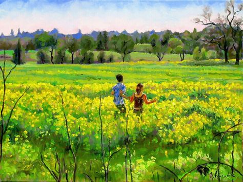 running_in_the_mustard_field Romantic Paintings Couple, Mustard Field, Field Oil Painting, Art Freedom, Classical Realism, Field Painting, Contemporary Impressionism, Romantic Paintings, Beautiful Oil Paintings