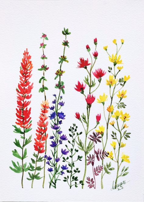 Handmade Watercolor Wildflower Garden Painting /Wildflowers small gift painting Painting Wildflowers, Nice Tattoos, Painting Birds, Gift Painting, Doodle Art Flowers, Easy Flower Painting, Wildflower Paintings, Blue Flower Painting, Pressed Flower Crafts