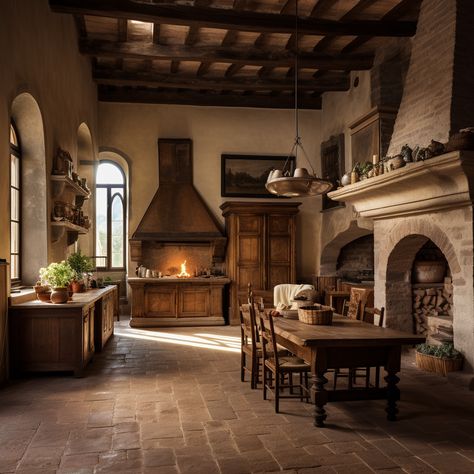 Rustic Castle Interior, Spanish Farmhouse Dining Room, Medieval Home Interior, Medieval Houses Interior, Midevil House Interior, Medieval Style Home, Medieval Homes, Cozy Castle, Rustic Castle