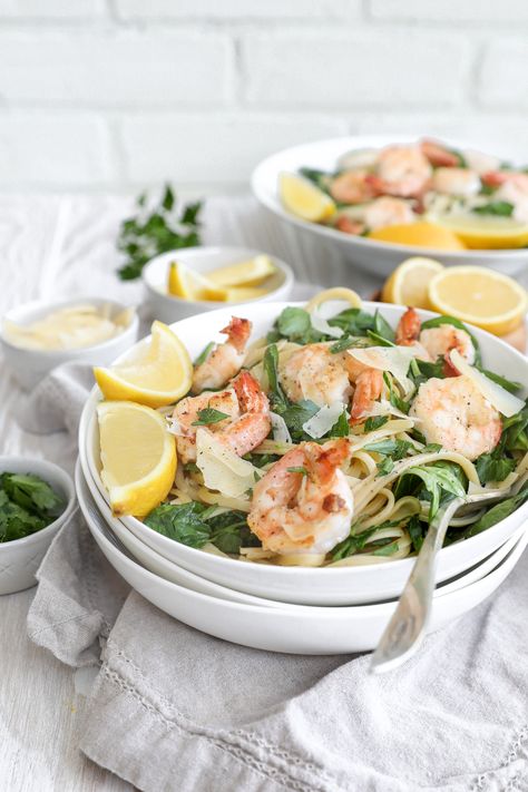 Shrimp Scampi with Spinach | My Cape Cod Kitchen | Jenny Shea Rawn Shrimp And Spinach Recipes, Spinach Linguine, Cape Cod Kitchen, Dinner Fresh, Pasta Alternative, Simple Pasta, Easy Pasta Dinner, Sauteed Shrimp, Weekend Dinner