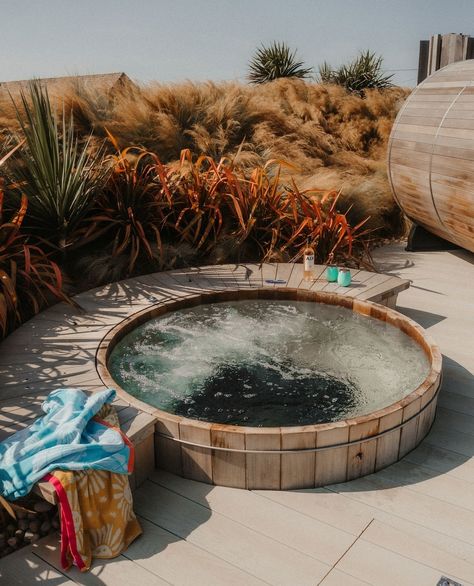 Every beach house has a sunken cedar hot tub in your wraparound outdoor decking, perfect for midday dips and evenings under the stars 🌟 | Instagram Cedar Tub, Sunken Hot Tub, Outdoor Decking, Cedar Hot Tub, Adobe House, Tub Pools, Outdoor Deck, Under The Stars, House Inspo