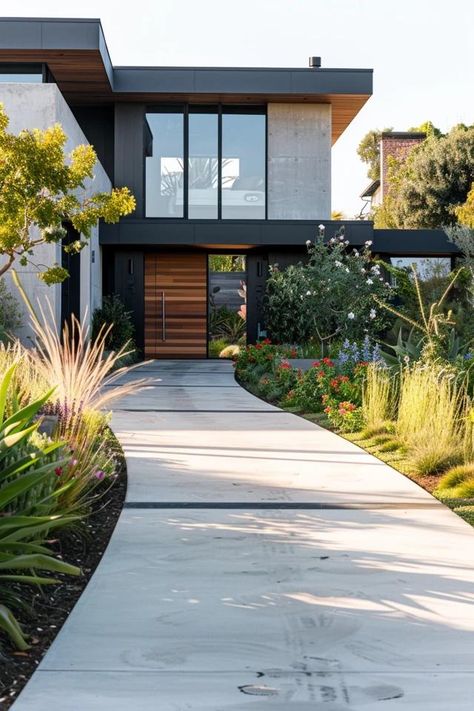 Simple Concrete Driveway Ideas for Home Appeal Concrete Courtyard Ideas, Concrete Driveways Ideas Cement, Long Concrete Driveway, Cement Driveway Ideas, Concrete Walkways To Front Door, Small Driveway Ideas, Modern Driveway Design, Modern Driveway Ideas, Concrete Driveway Ideas