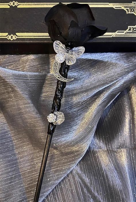 Rose Wand, Black Wand, Flower Wand, Fantasy Jewelry Magic, Creepy Cute Fashion, Fake Wood, Witch Wand, Witch Party, Dope Jewelry Accessories