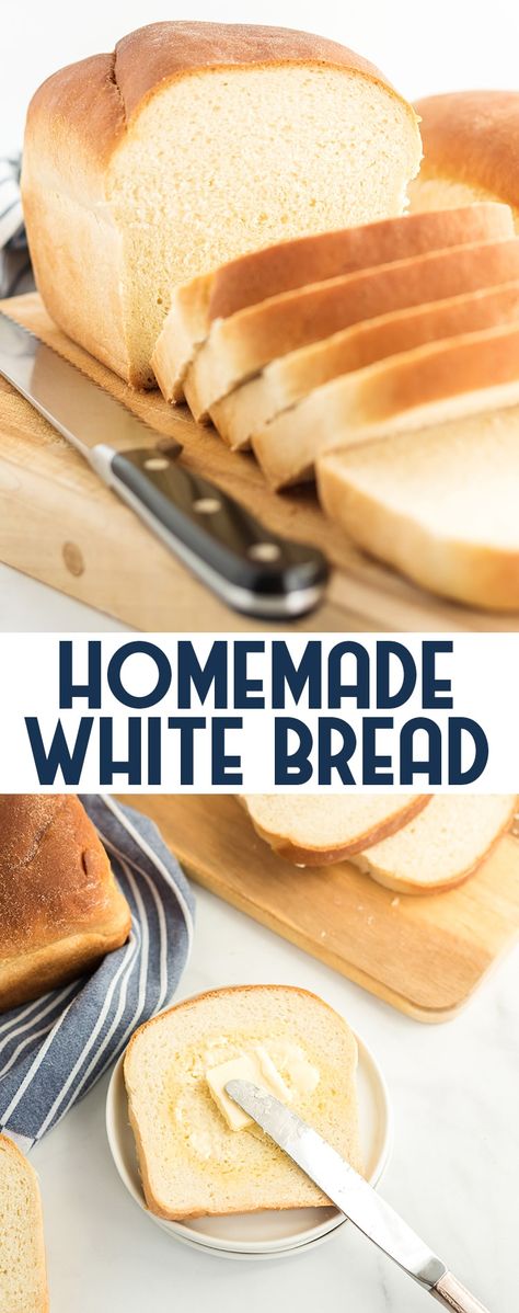 A loaf of white bread cut into slices with text overlay for pinterest Fluffy White Bread Recipe, French Toast Video, Homemade Sandwich Bread, Homemade White Bread, Homemade Sandwich, White Bread Recipe, Like Mother Like Daughter, Yeast Bread, Sandwich Bread